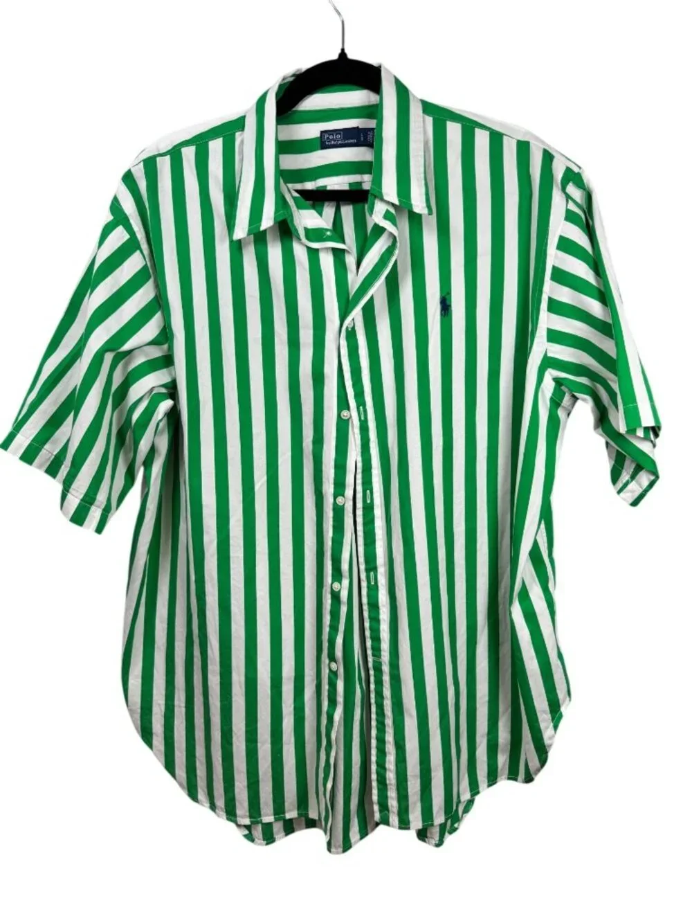 Polo Ralph Lauren Green White Striped Short Sleeve Button-Up Shirt Large Cotton